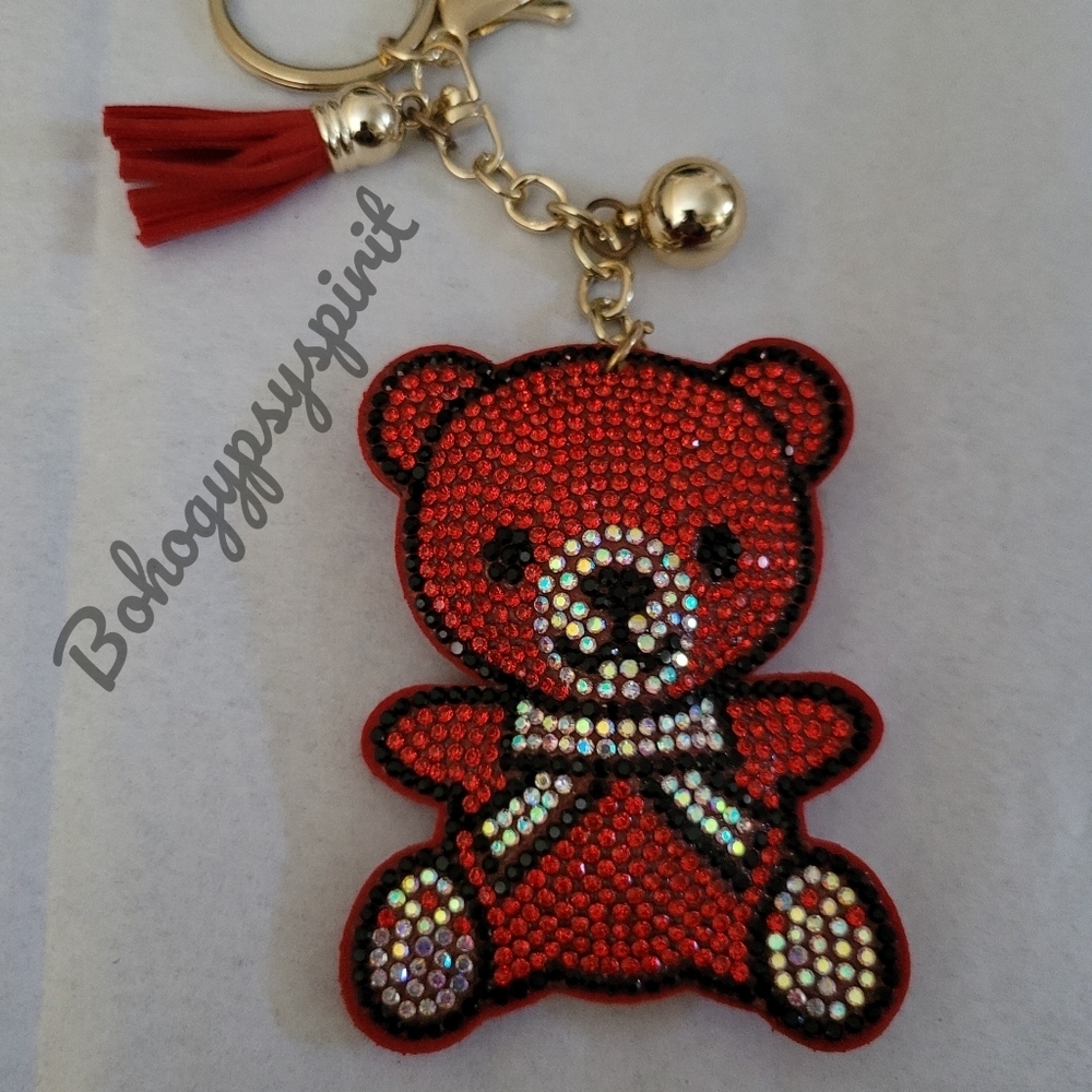 Bling Teddy Bear Crystal Rhinestone Keychain Bag Charm With Red Tassel